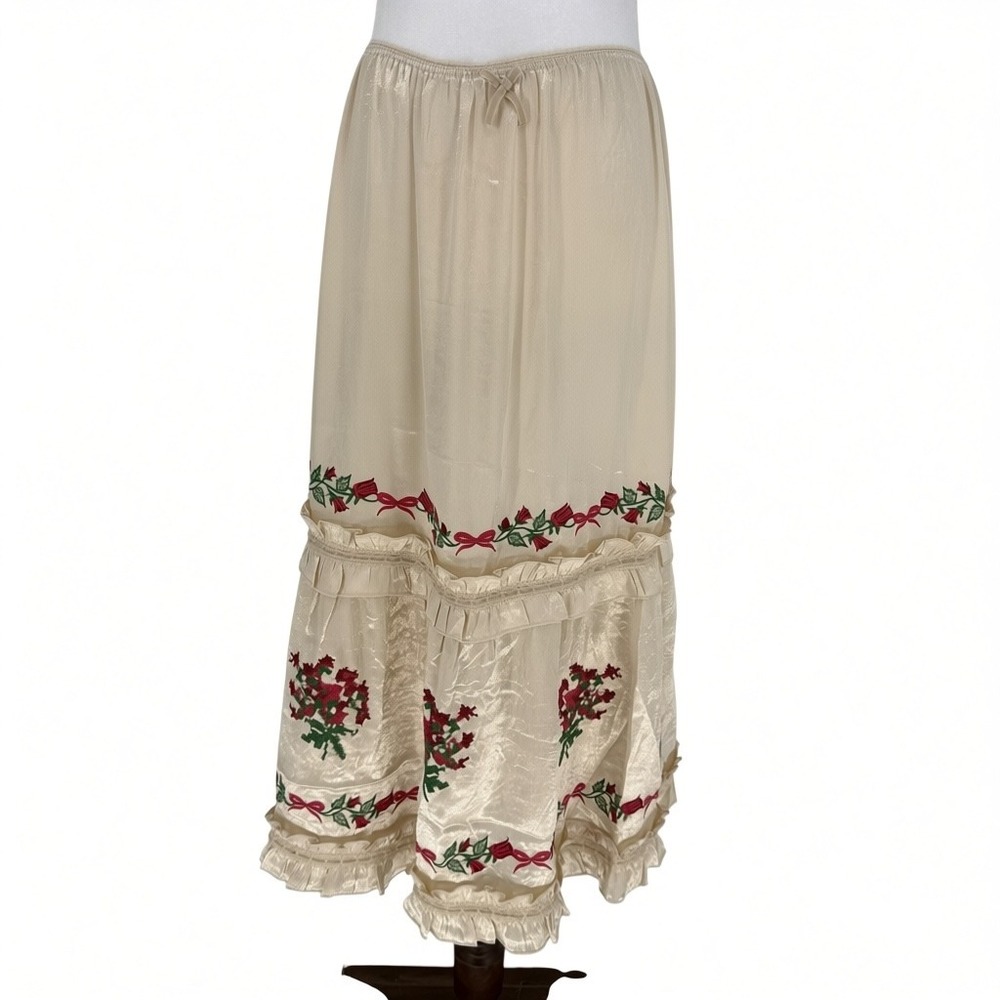 Natural Life Cream Tiered Long Midi Skirt M Floral Rose Embroidery Ruffle Boho